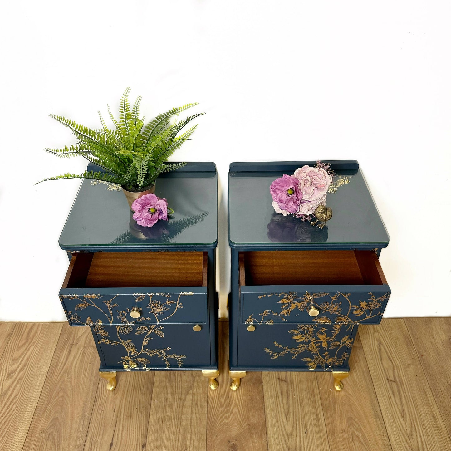 Pretty Refurbished vintage bedside tables, navy blue with gold foil design, bird song, art deco nightstands