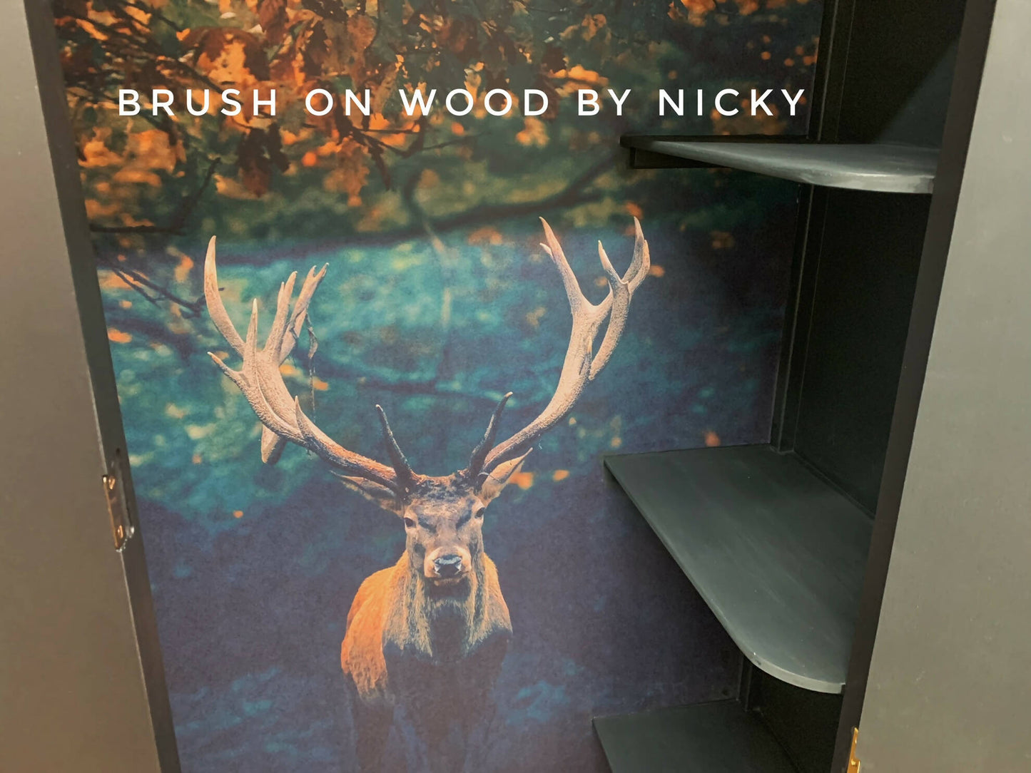 Mid Century LEBUS Black Wardrobe with Stag/Deer Design
