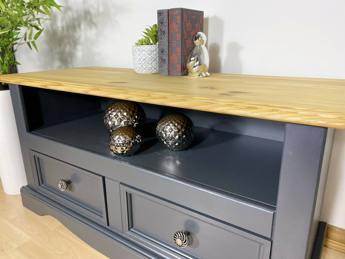 Vintage Grey Wooden TV Cabinet Drawers