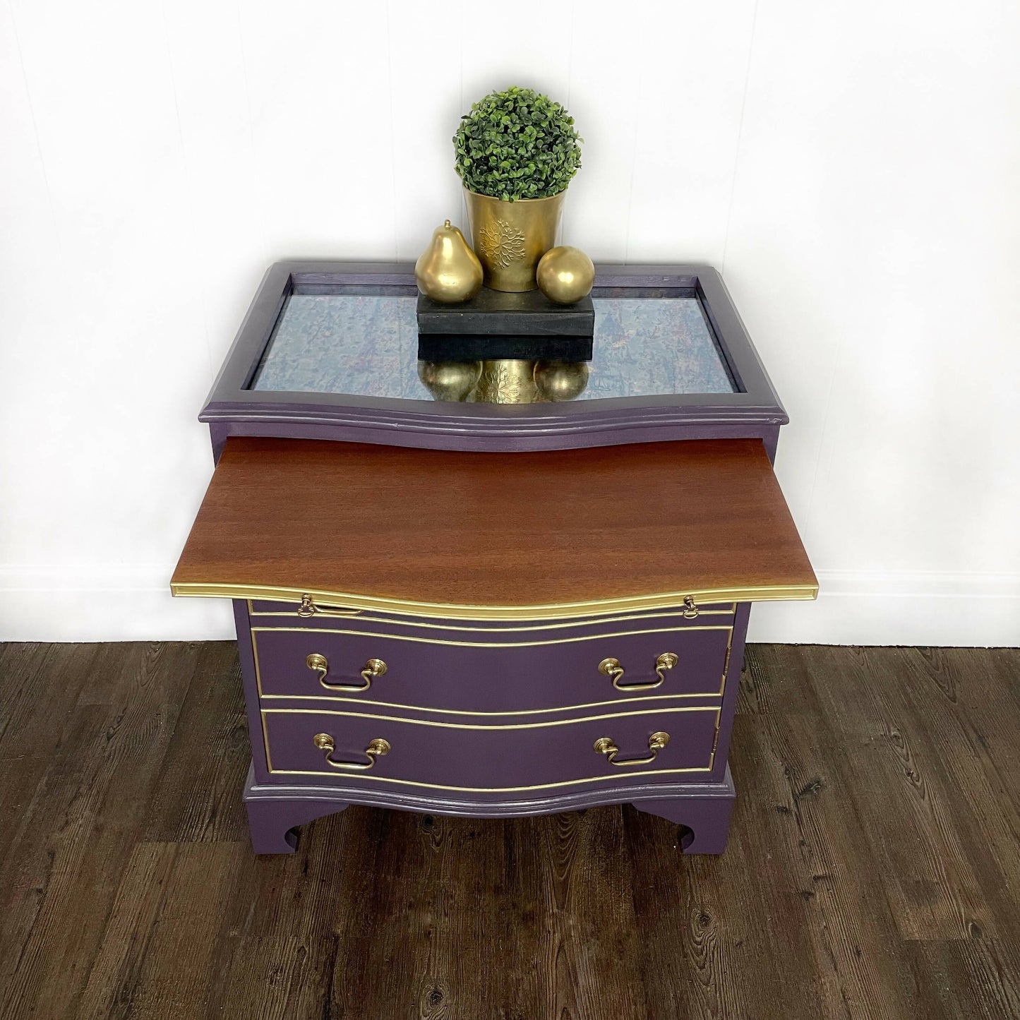 J Sydney Smith Bow Fronted Purple Drinks Cabinet with glass top