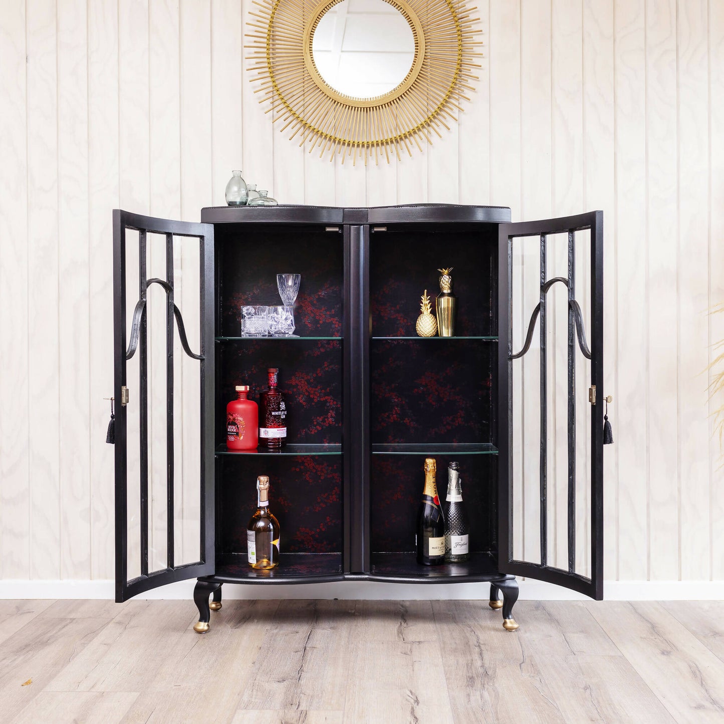 An exquisite vintage cocktail cabinet decoupaged in a subtle blend of black and red Japanese blossom fabric. Sold, commission available.