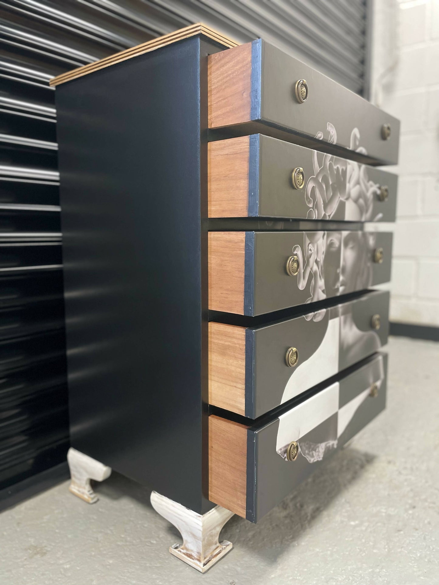 Black stunning G-Plan solid wood chest of five drawers.