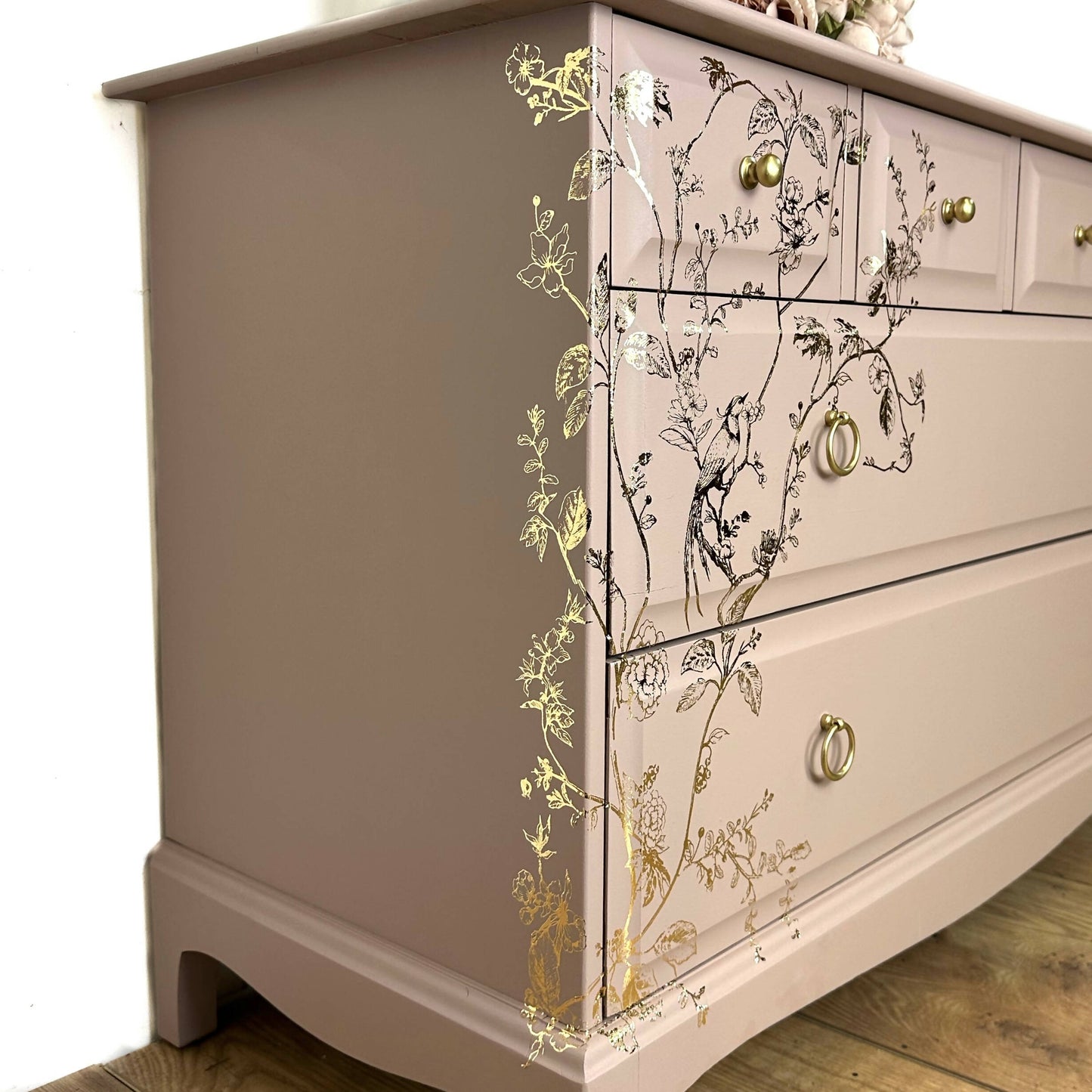 MADE TO ORDER Pretty dusky pink Stag Minstrel Chest of Drawers with gold bird song design, vintage, dresser, blossom, mcm, sideboard