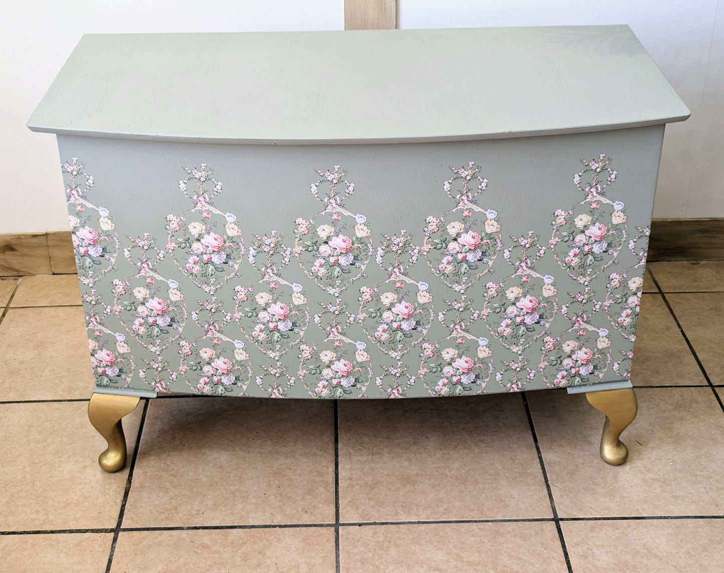 Vintage upcycled floral green and gold blanket box, Queen Anne legs storage chest, french style Ottoman