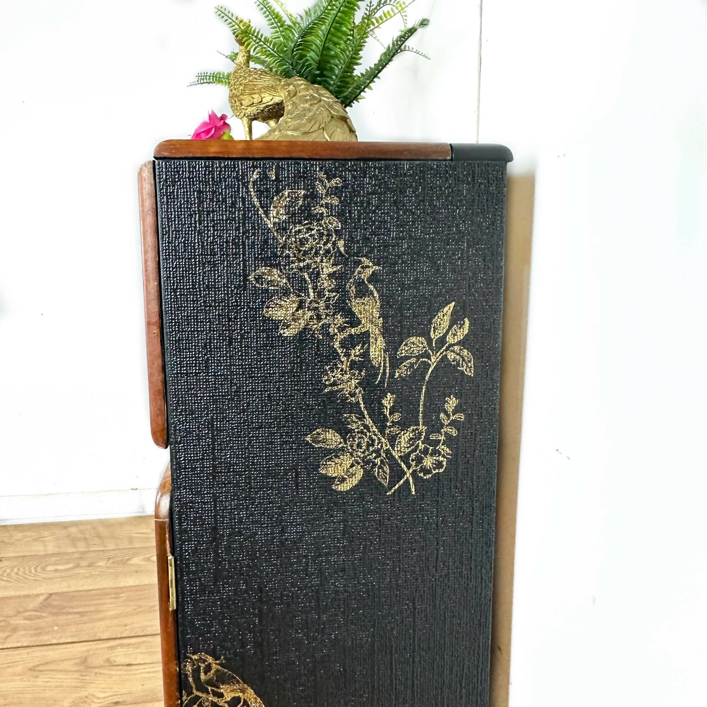 Petit Refurbished art deco cocktail cabinet, vintage black and gold drinks cabinet, birds, sideboard, dresser, gin bar, hand painted,