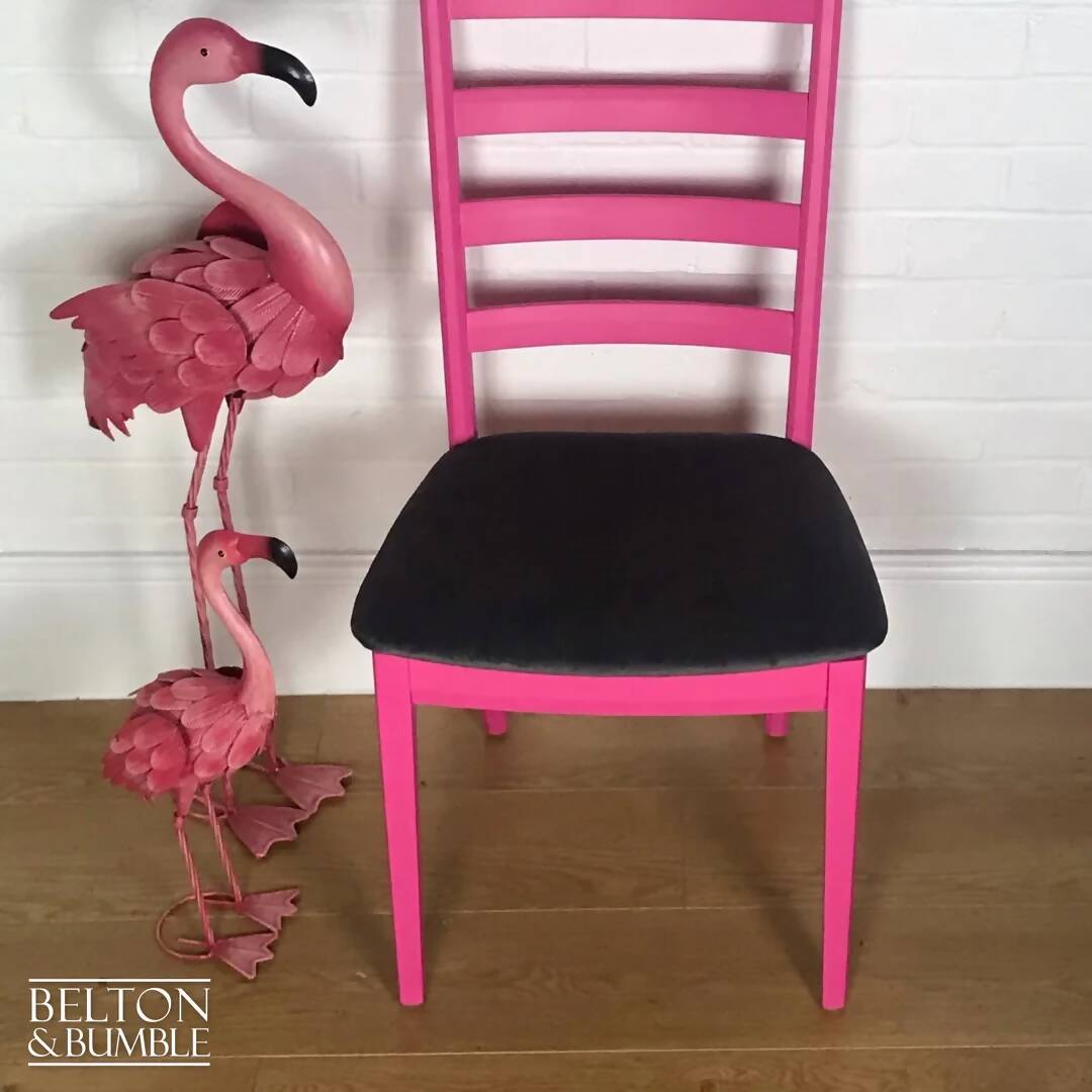 Bright Pink Single G Plan Chair with Grey Velvet Seat.