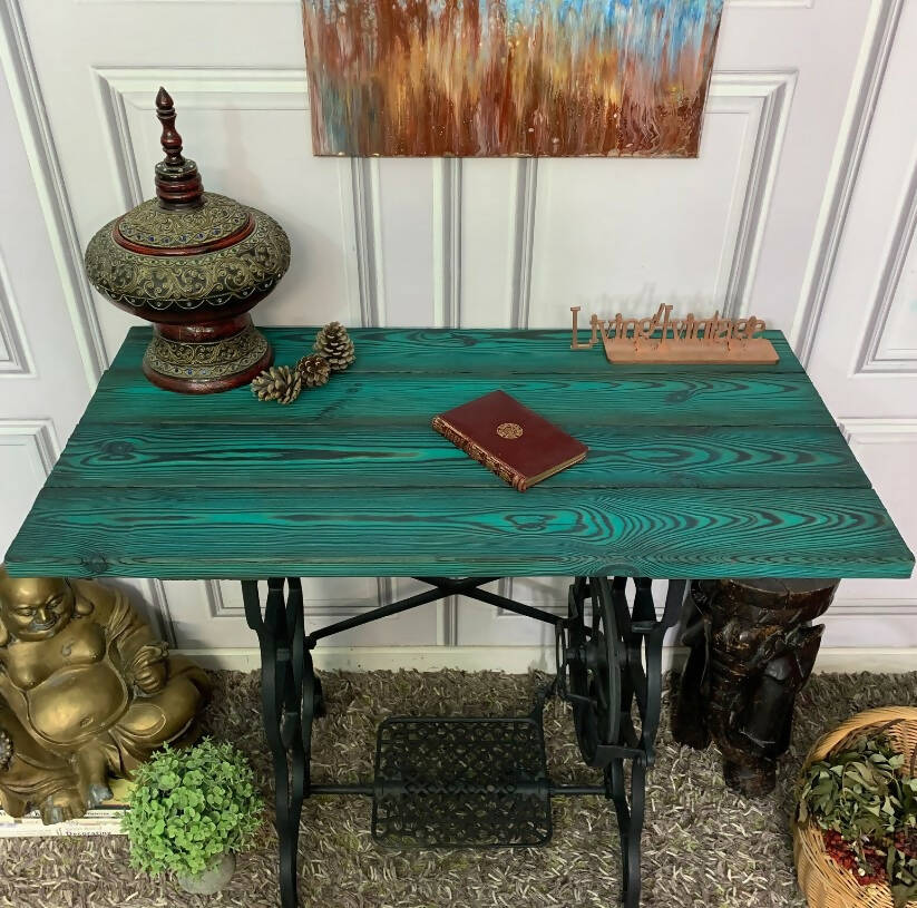 Sewing Machine Table TV Stand Yakisugi Charred Wood Table Turquoise