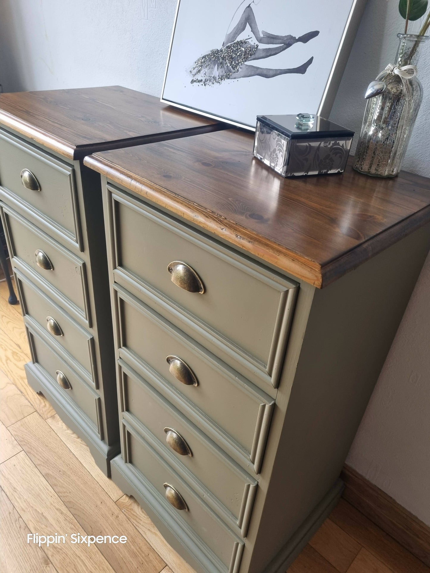 SOLD OUT Pair of Vintage Drawers finished in a Classic Hampton Olive Green with Stunning Wood Tops