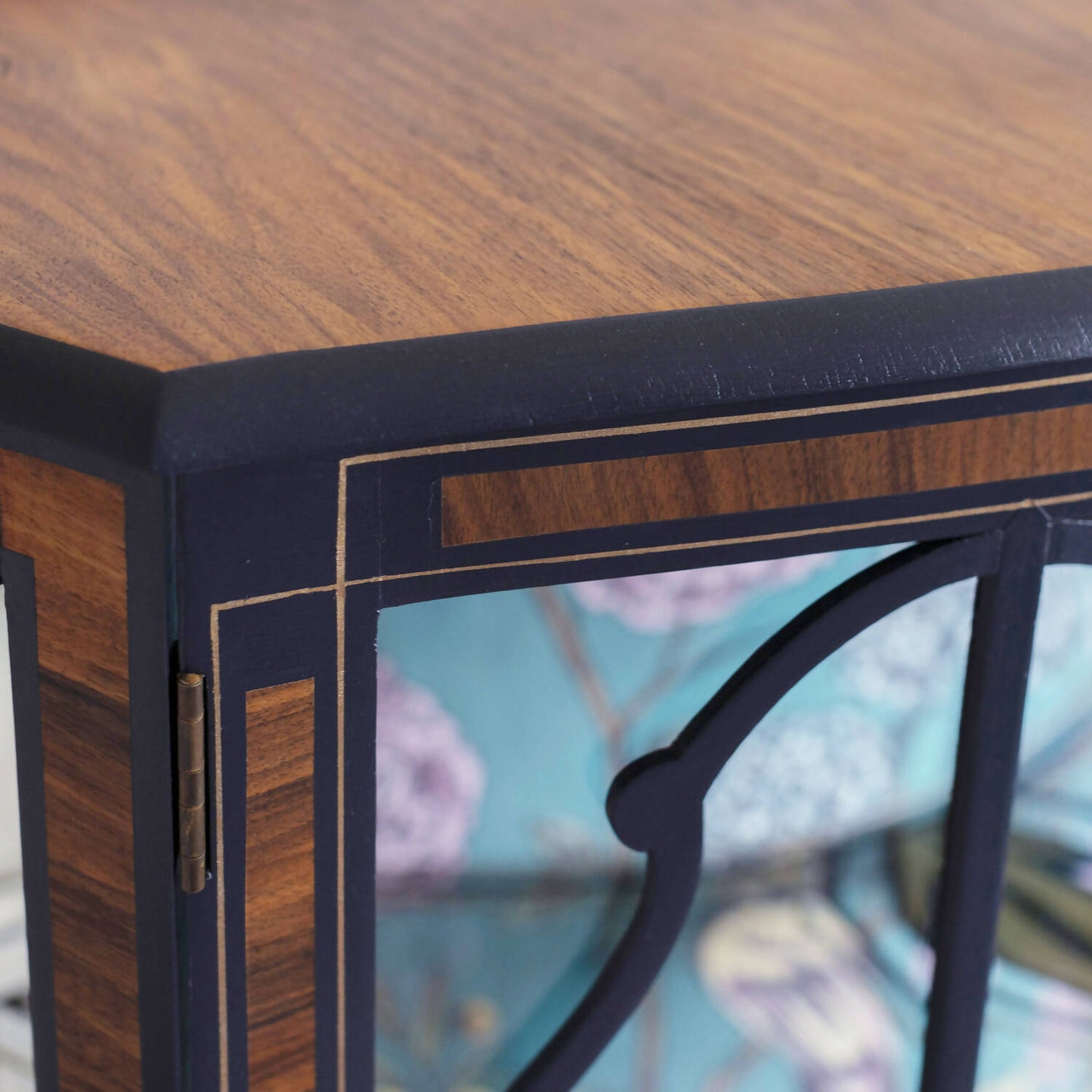 An exceptional vintage drinks cabinet, beautifully decoupaged with Birds of Paradise velvet in a striking combination of pink and teal. Sold, commission available.