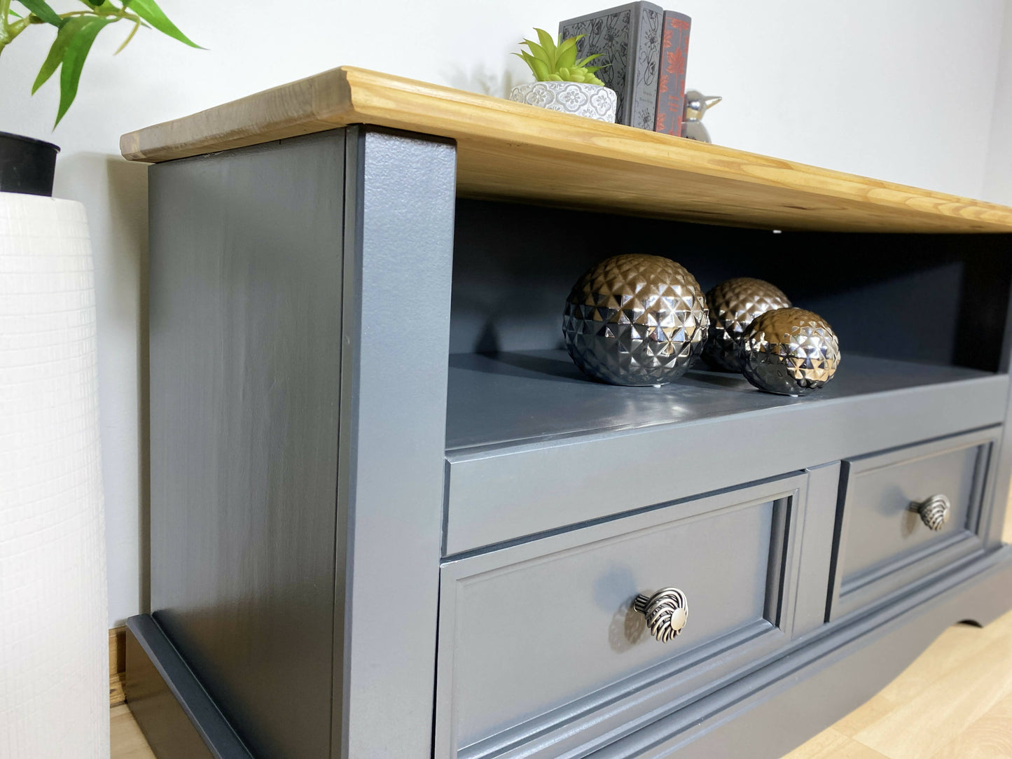 Vintage Grey Wooden TV Cabinet Drawers