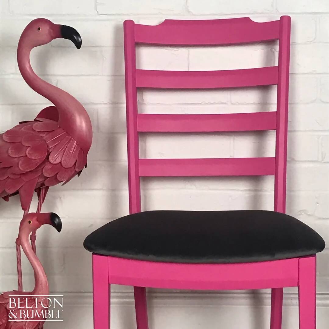 Bright Pink Single G Plan Chair with Grey Velvet Seat.