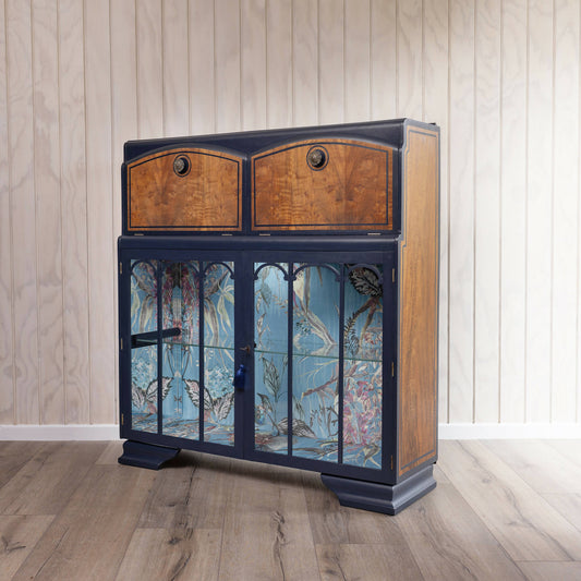 Available: One of a kind blue vintage cocktail cabinet, vintage drinks cabinet, cocktail bar, desk and drinks cabinet combined.