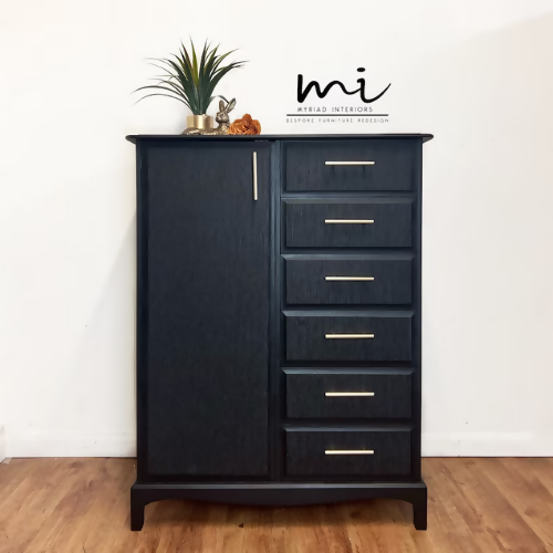 Refurbished vintage stag minstrel wardrobe dresser drawers upcycled black gold decoupage commissions available