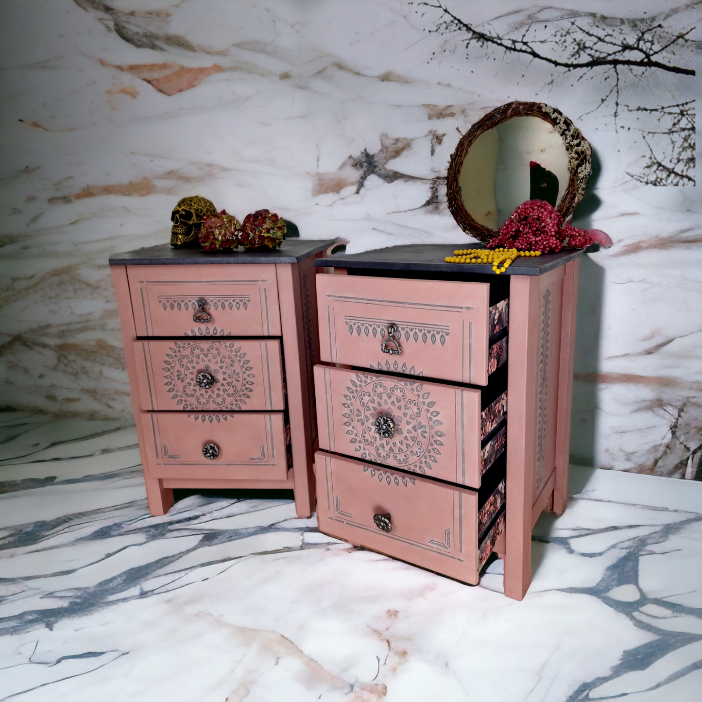 Sold*Pine pair of Bedside Tables Nightstands restored in modern pale Scandinavian pink with graphite grey marble stone effect top