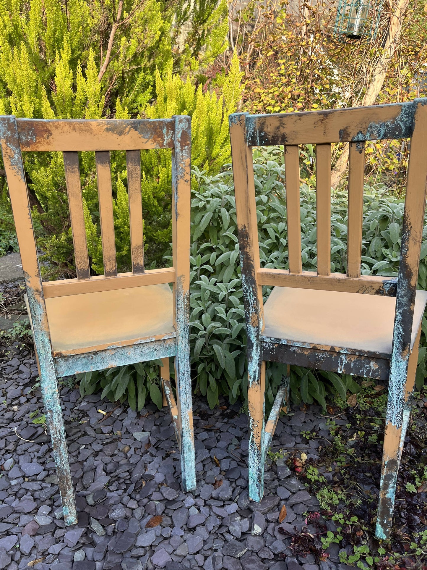 Two pumpkin and copper dining chairs