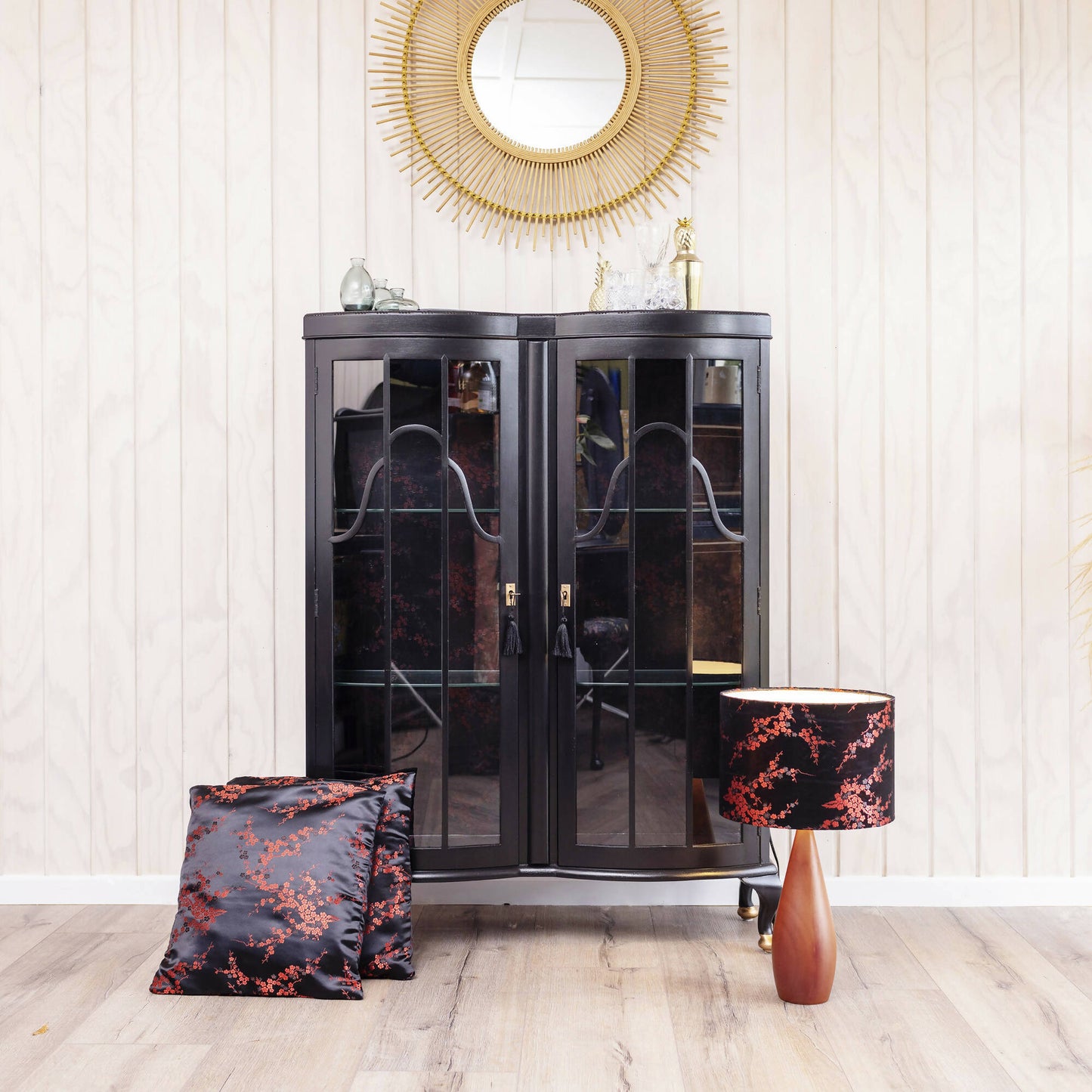An exquisite vintage cocktail cabinet decoupaged in a subtle blend of black and red Japanese blossom fabric. Sold, commission available.
