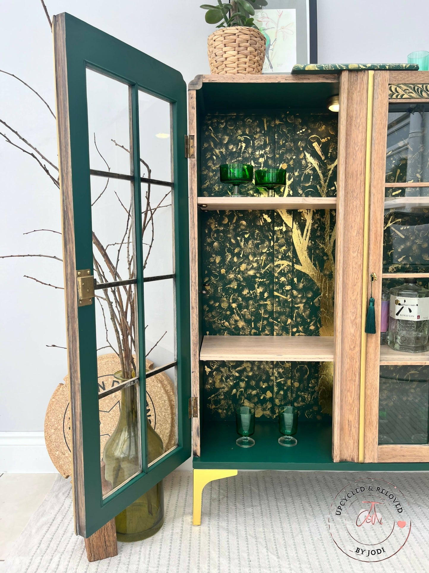 SOLD! Commissions available: Light Oak Cocktail Cabinet with stunning green & gold interior