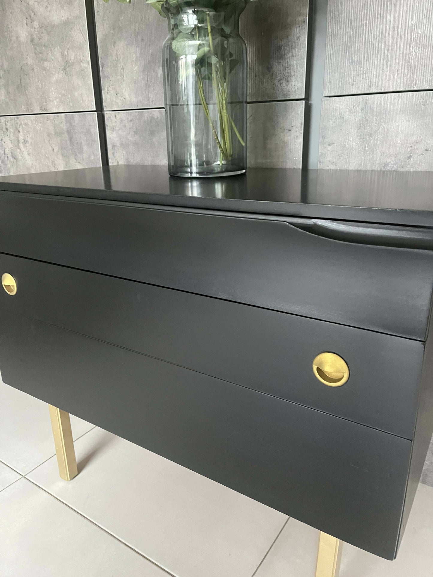 Refurbished mid century modern black and gold chest of drawers