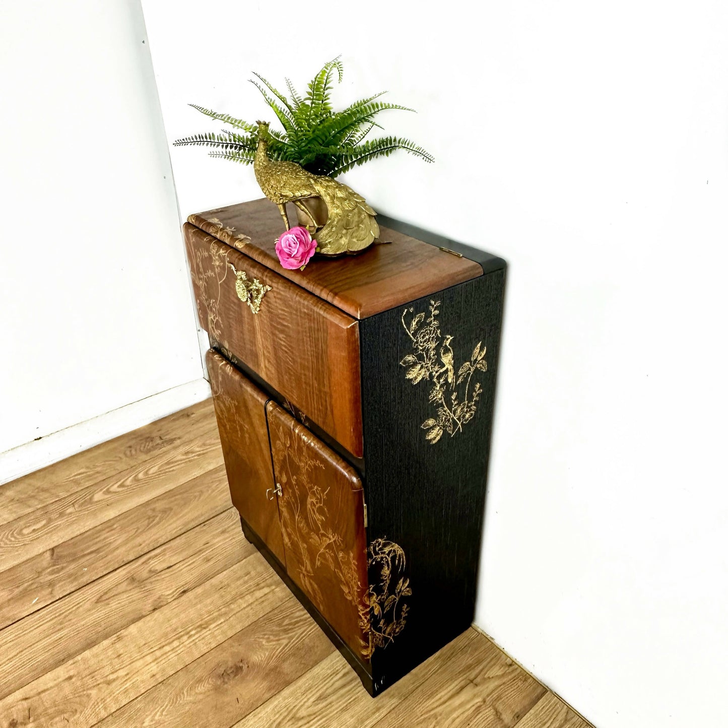 Petit Refurbished art deco cocktail cabinet, vintage black and gold drinks cabinet, birds, sideboard, dresser, gin bar, hand painted,