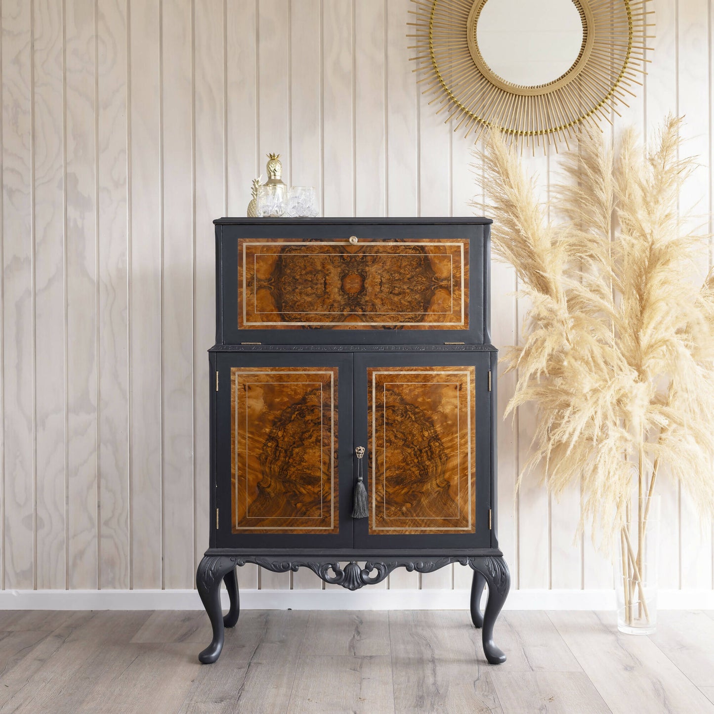 Cocktail cabinet in a beautiful combination of grey and dusty pink. Sold, commission available.