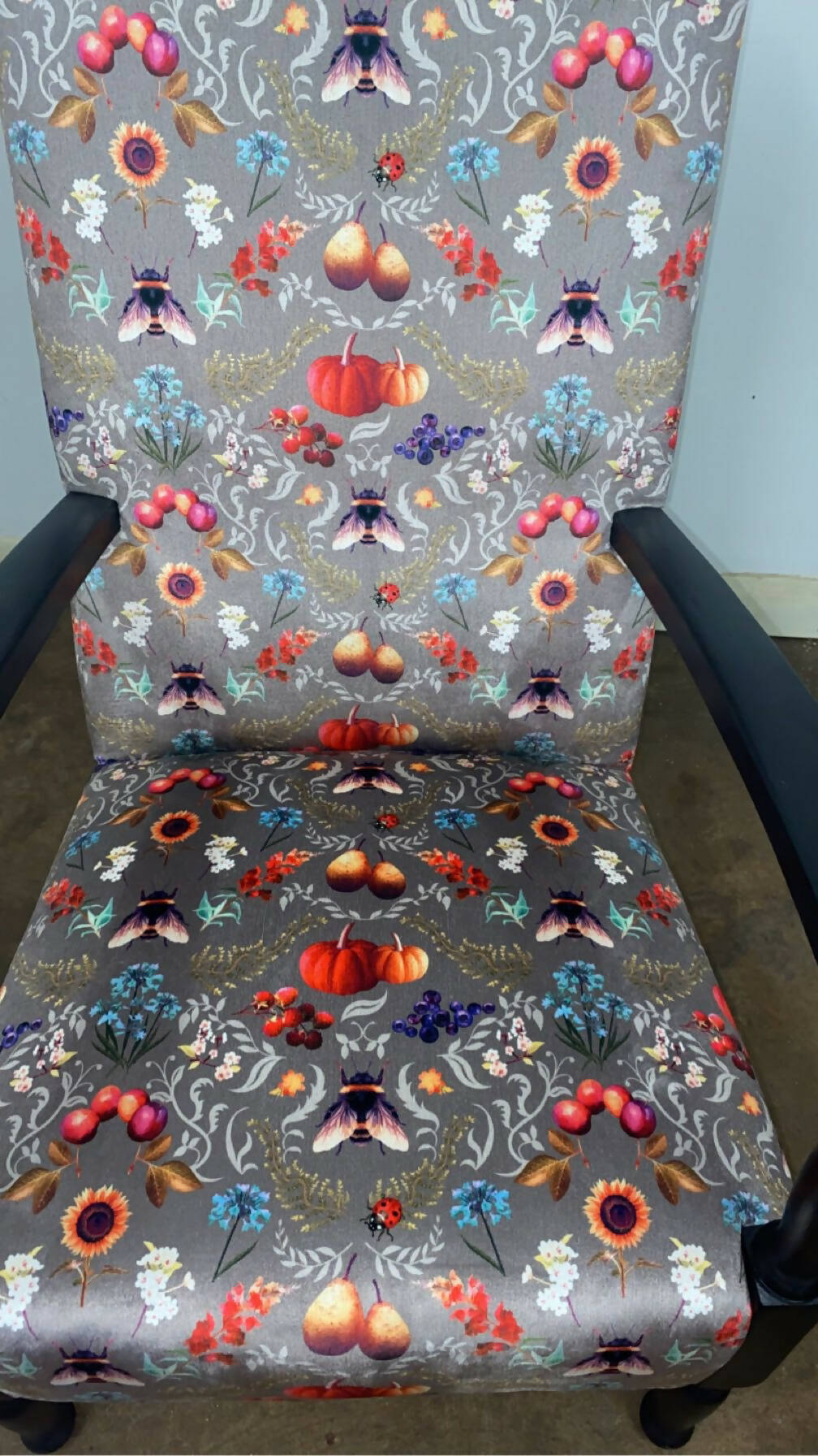 Reupholstered 1940s open armchair