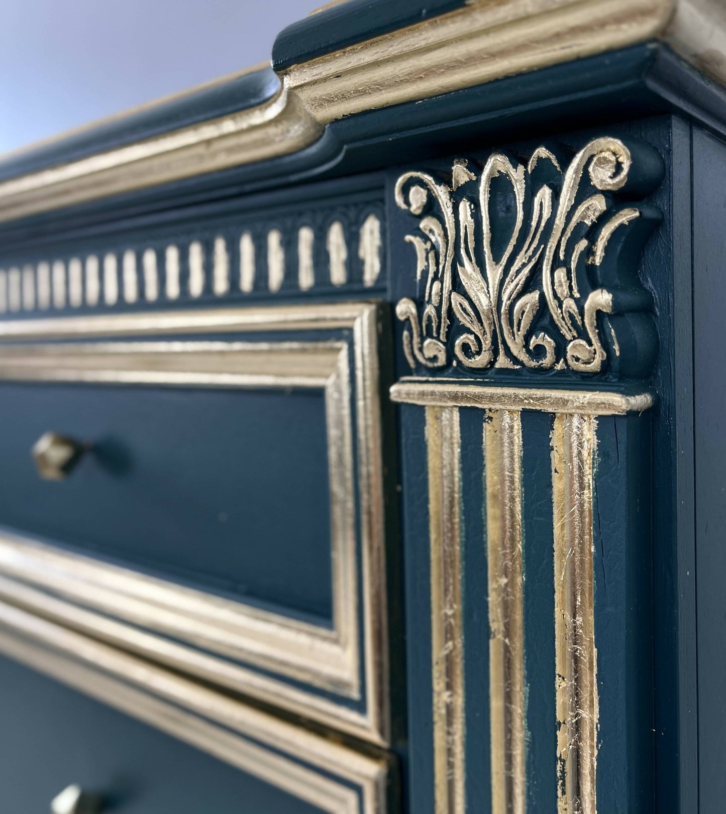 Luxury upcycled Georgian sideboard painted Teal green with gold leaf