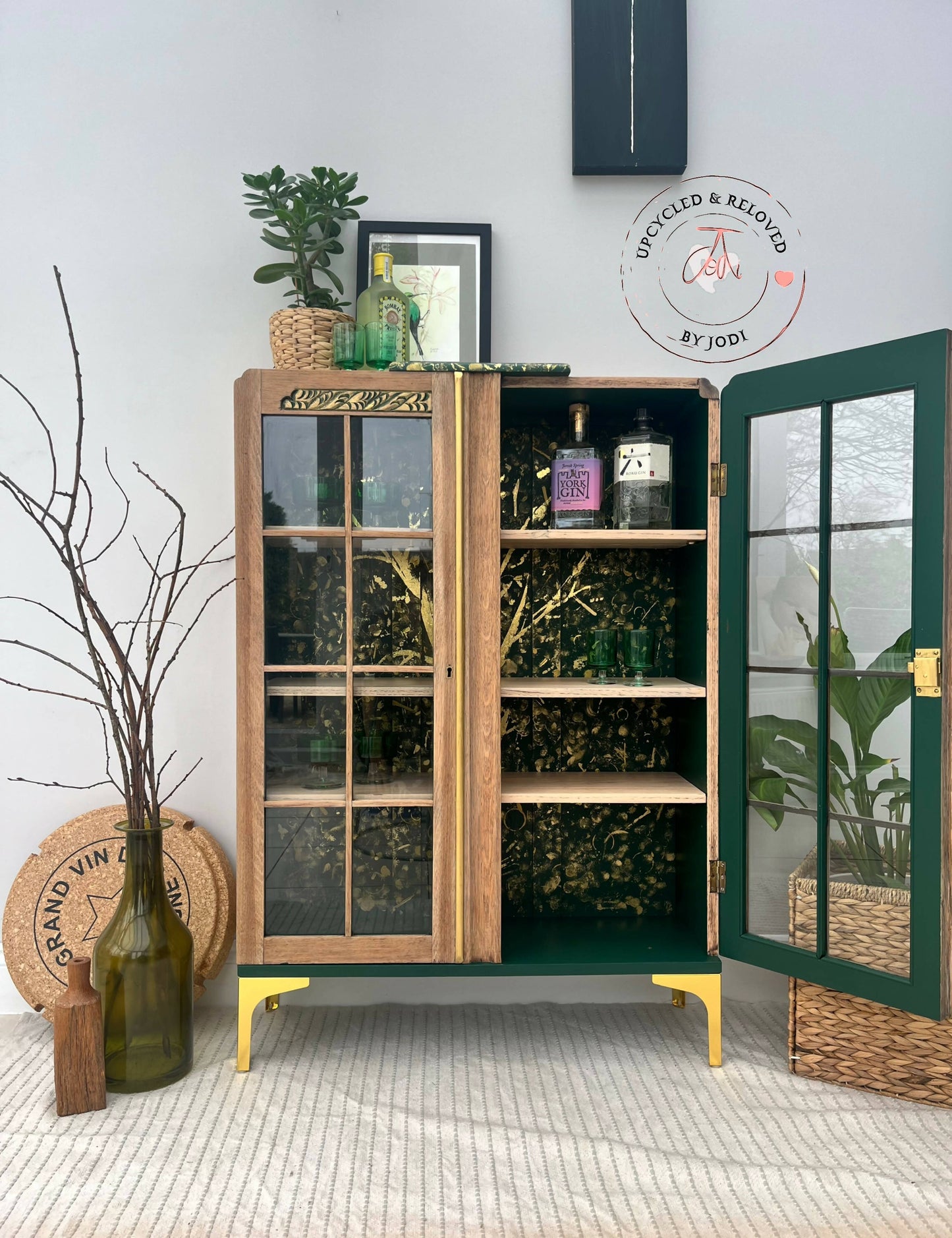 SOLD! Commissions available: Light Oak Cocktail Cabinet with stunning green & gold interior