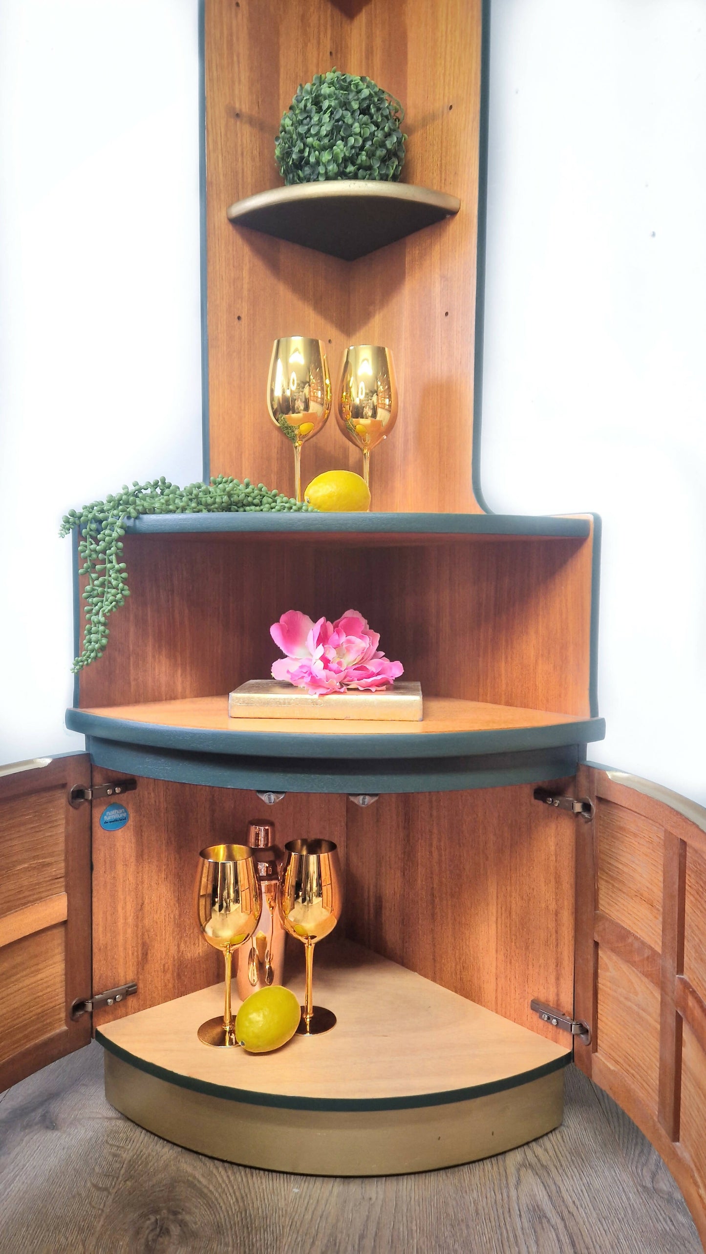Mid century modern nathan corner unit,drinks cabinet in green and gold