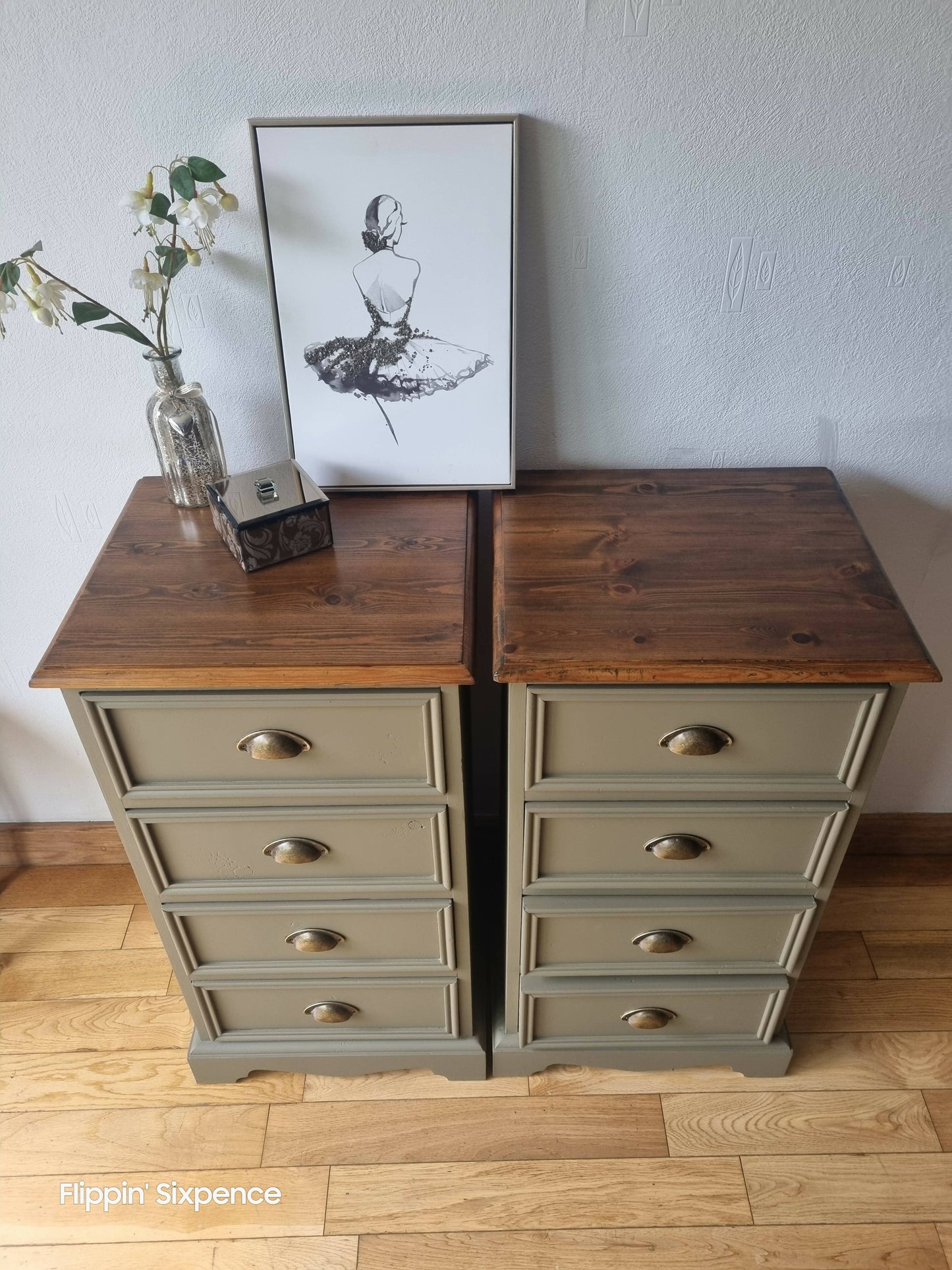 SOLD OUT Pair of Vintage Drawers finished in a Classic Hampton Olive Green with Stunning Wood Tops