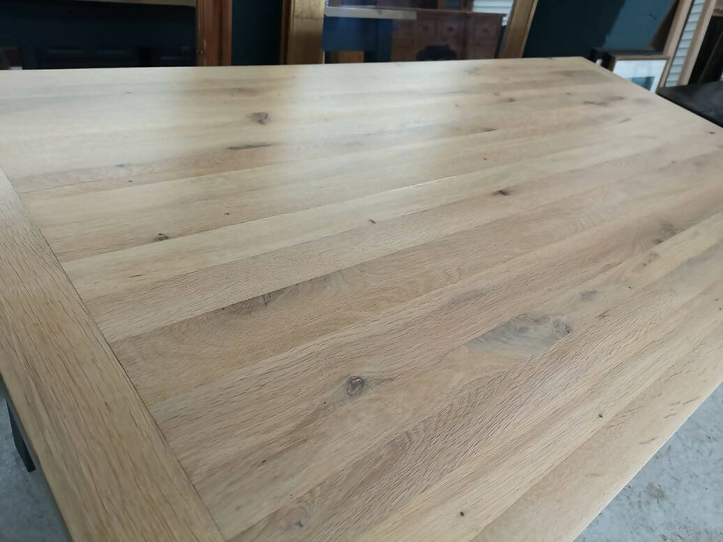 MODERN OAK DINING TABLE WITH BLUE PAINTED LEGS