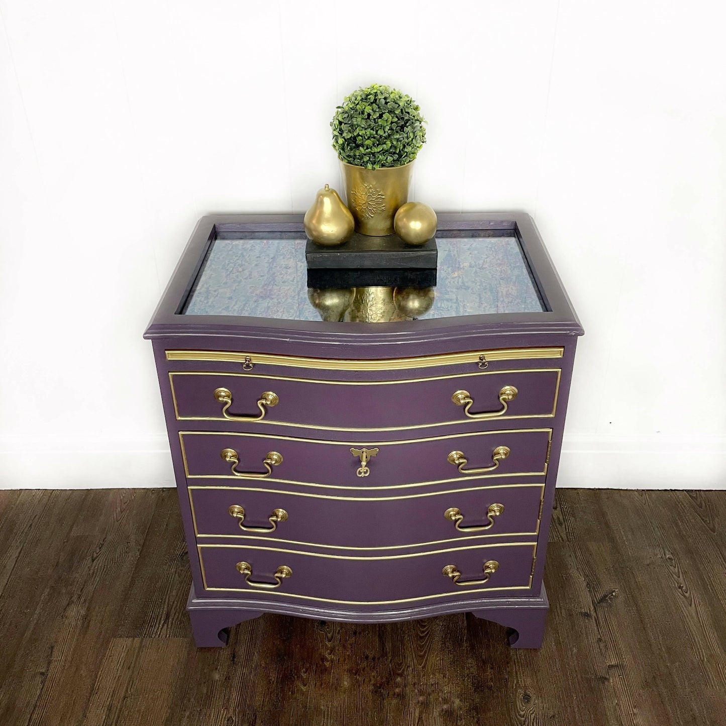 J Sydney Smith Bow Fronted Purple Drinks Cabinet with glass top