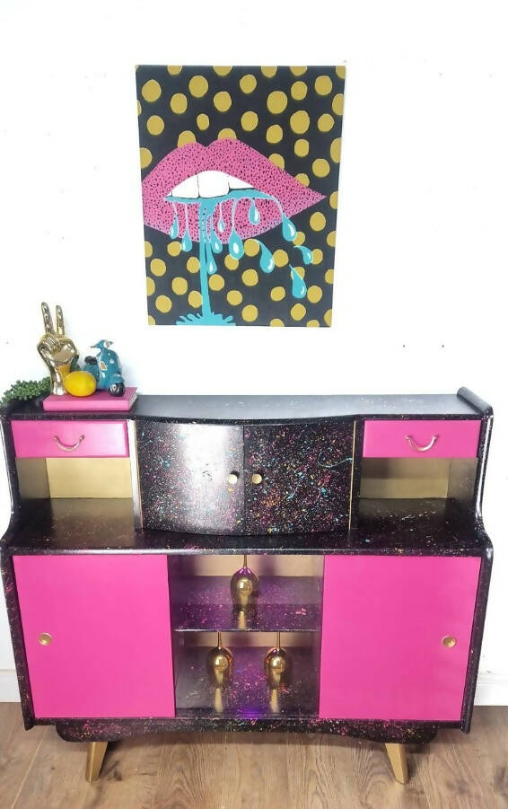 Hot pink and Black Cocktail Cabinet, Retro Cabinet, Drinks Cabinet , Mid Century Modern, Mcm,