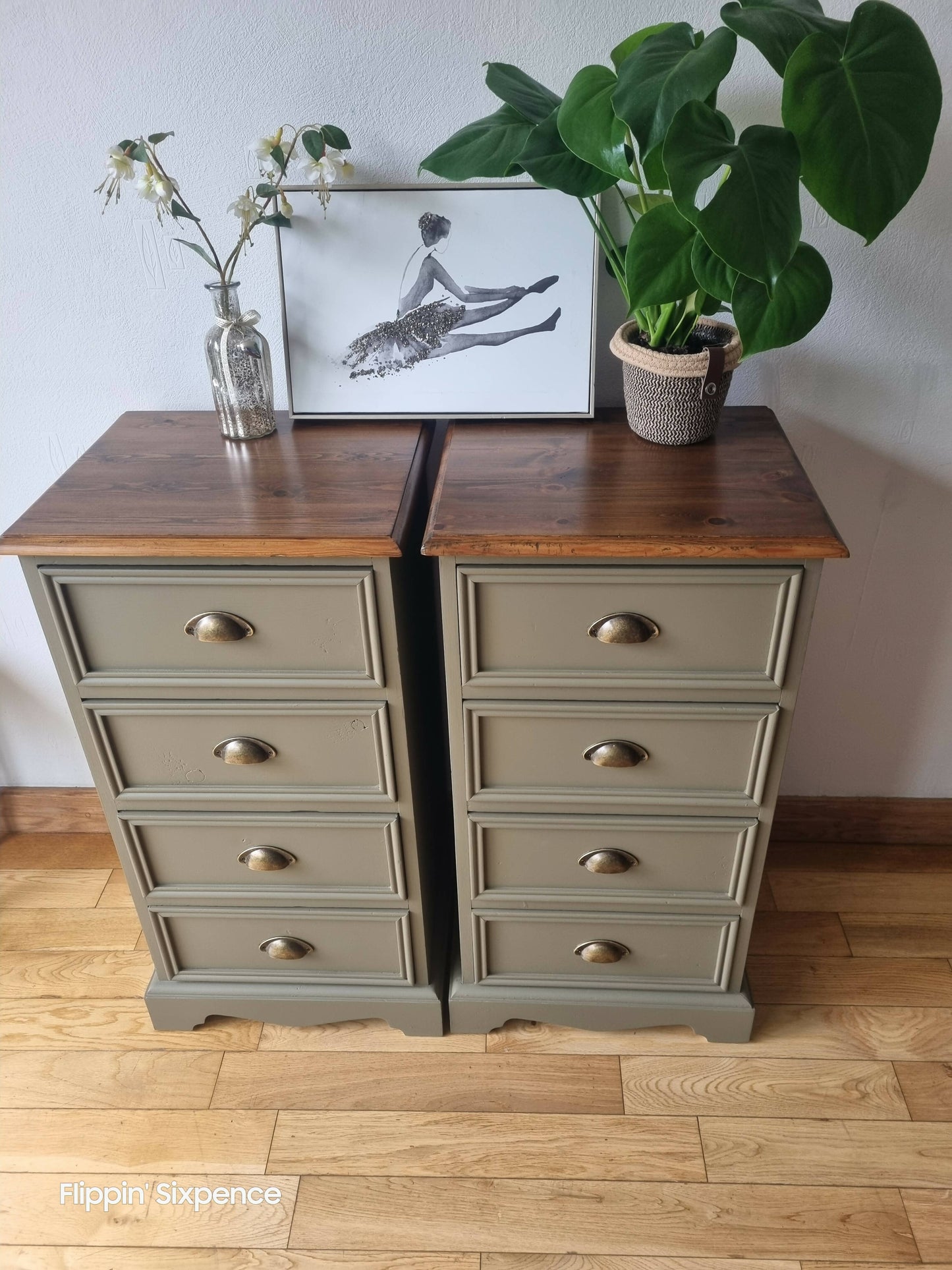SOLD OUT Pair of Vintage Drawers finished in a Classic Hampton Olive Green with Stunning Wood Tops