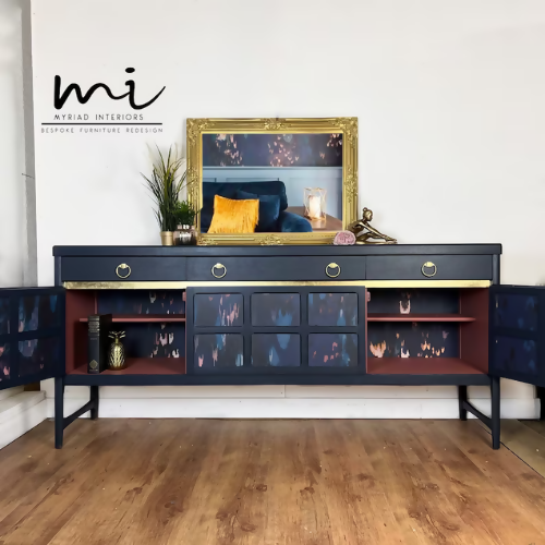 Refurbished vintage Nathan sideboard, drinks cabinet, navy blue, retro cocktail, mcm mid century modern console