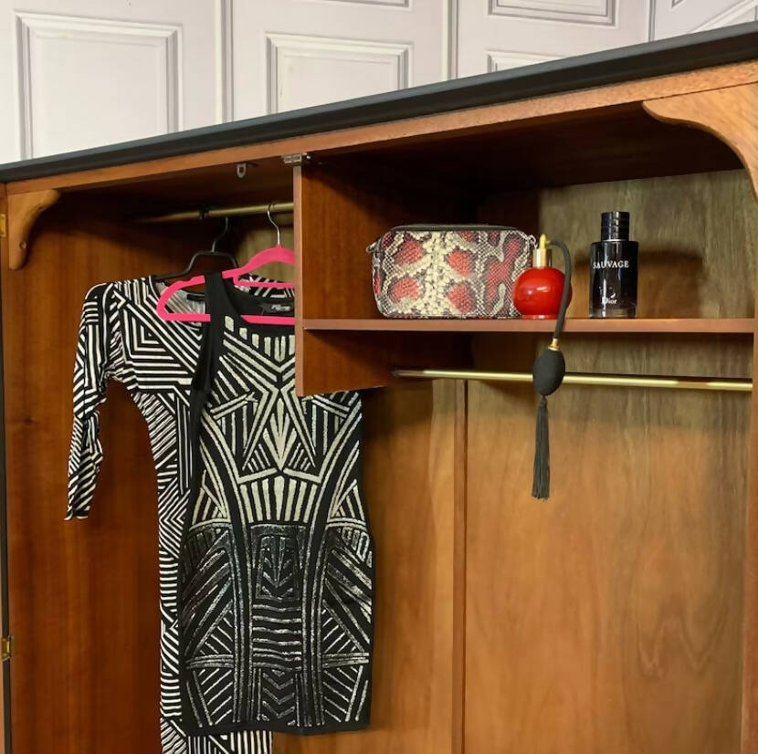 Stag Wardrobe Painted Black & Gold Leaf Flame Details Double Wardrobe