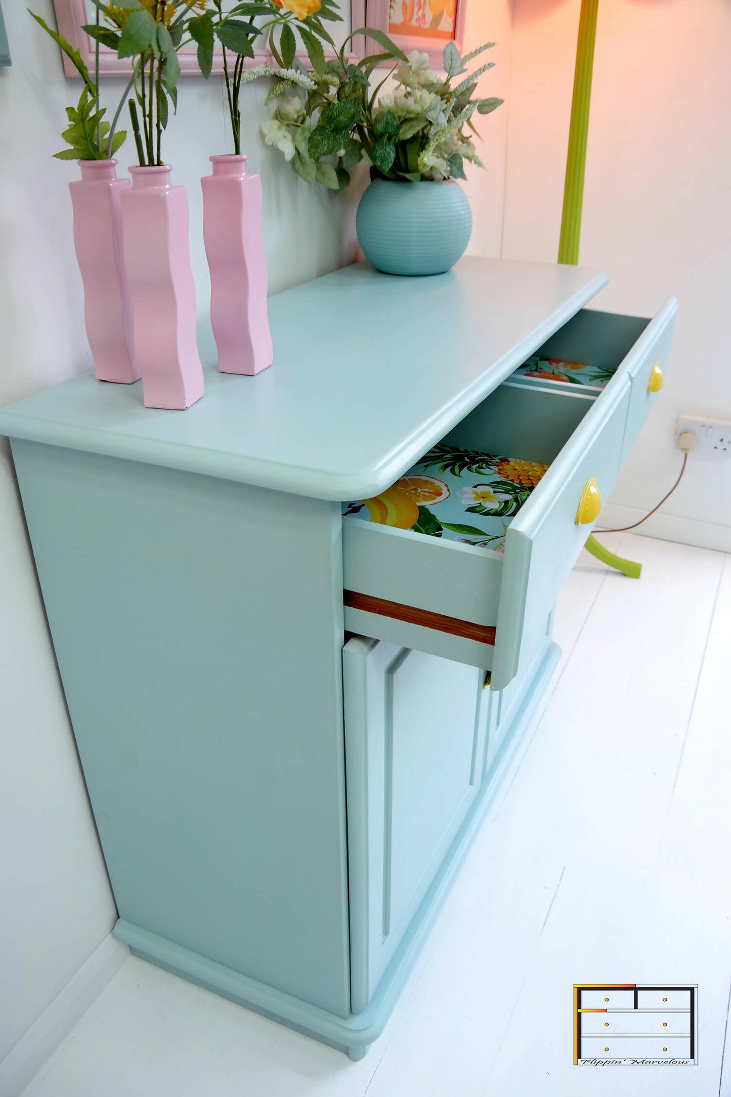 Vintage Pine Retro Sideboard, Teal Kitchen Cupboard Tropical Interior, 1970s Pastel Dopamine Decor Storage Unit, Yellow Cup Handles