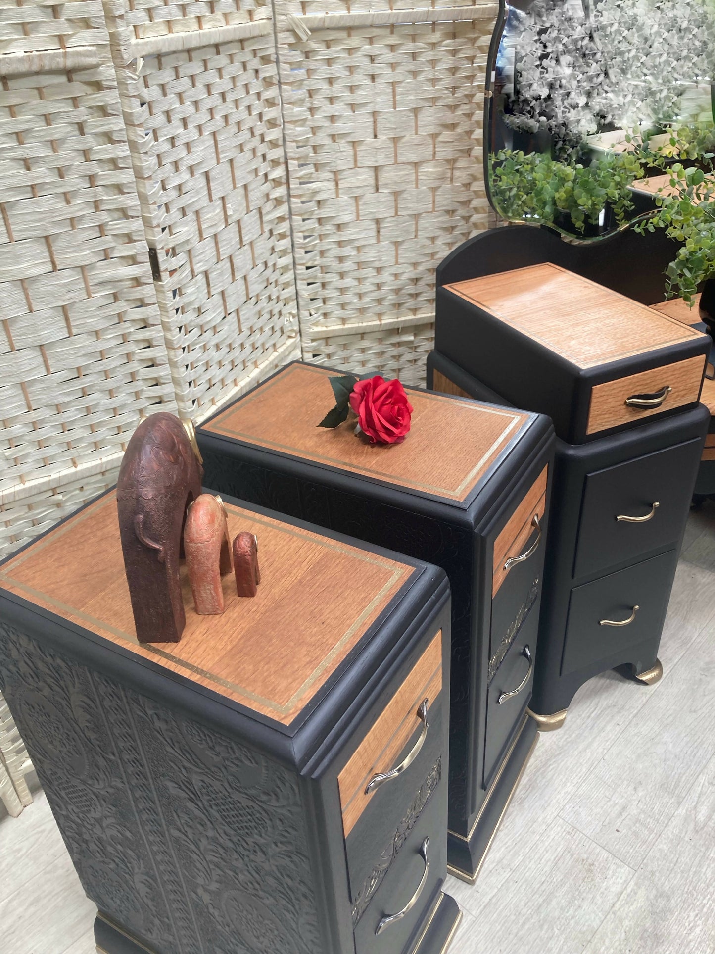 SOLD! Art Deco Vintage Bedside Tables, in Black and Bronze