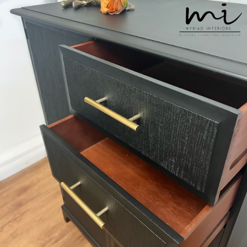 Refurbished vintage stag minstrel wardrobe, dresser, drawers, upcycled, black, gold, decoupage