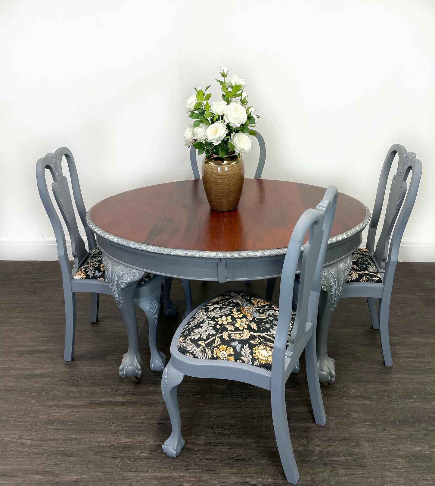 Set of 4 Grey Claw and Ball Mahogany Dining Chairs