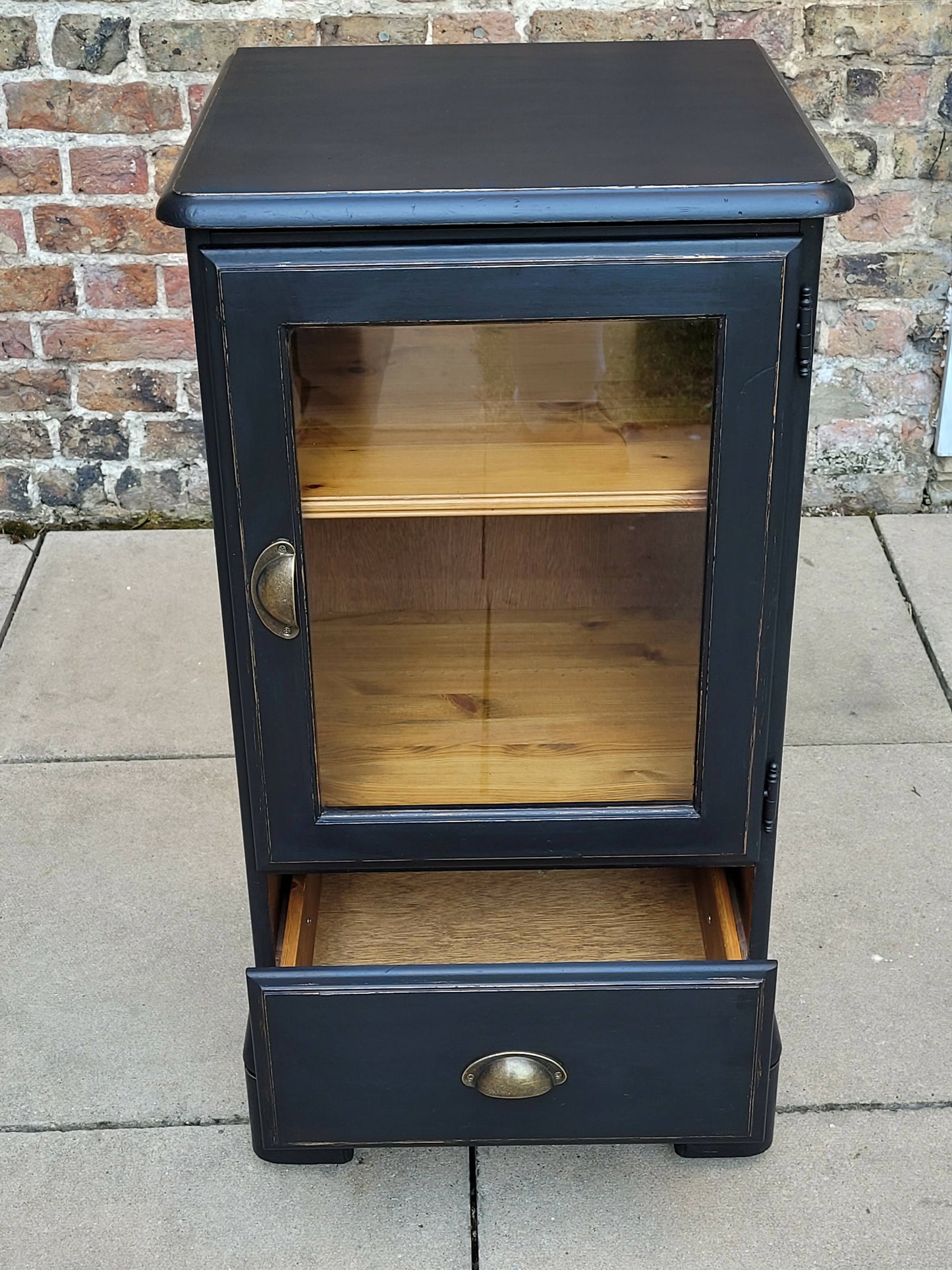 Navy Blue Pine Cupboard Display Cabinet With Drawer