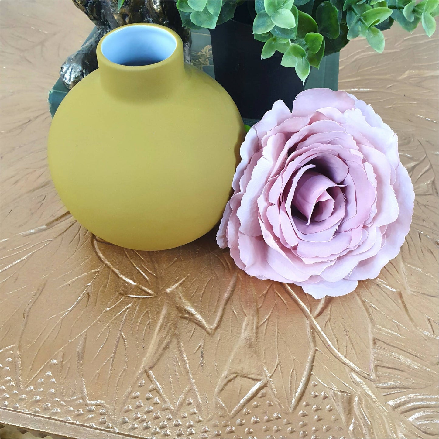 Vintage painted coffee table, square table, hand painted in dark green mineral paint with gold metallic top & gold detailing to the base