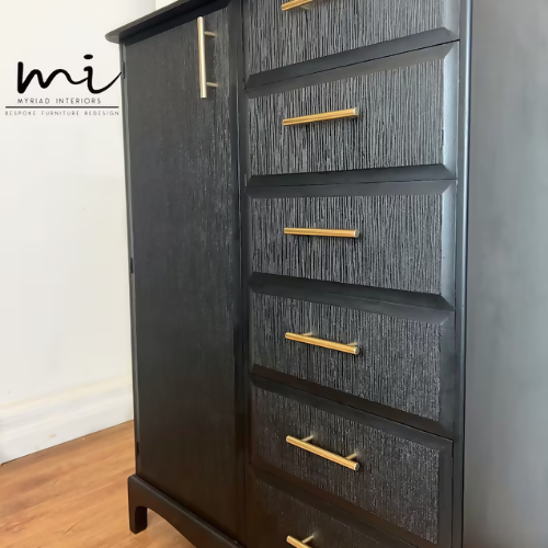 Refurbished vintage stag minstrel wardrobe, dresser, drawers, upcycled, black, gold, decoupage
