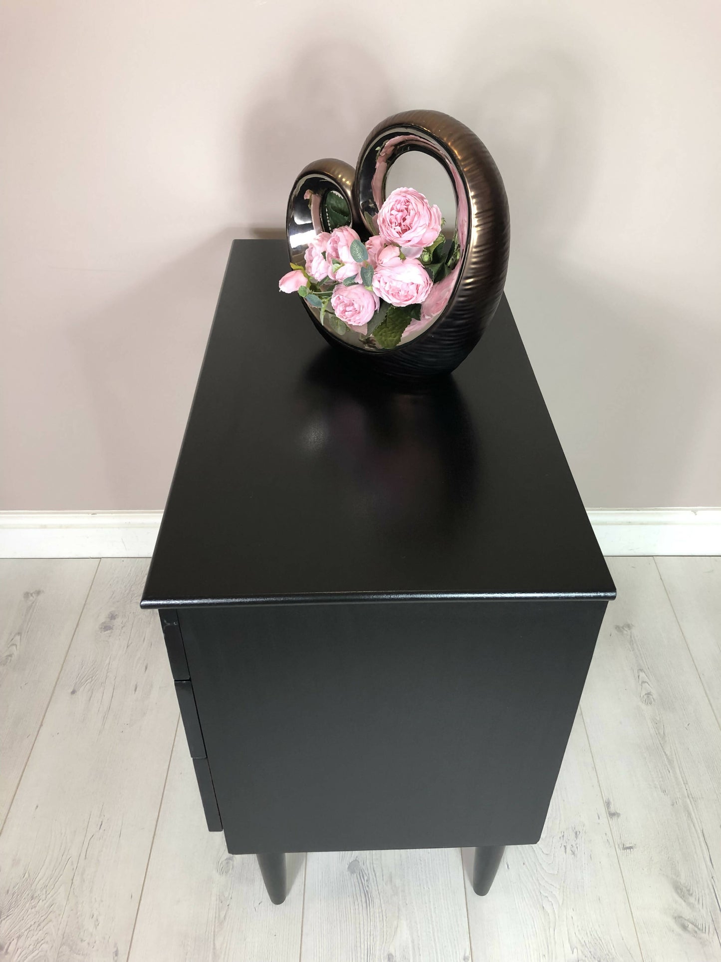 Schreiber Retro chest of 3 drawer/ Side table, Hand painted in black satin colour, Decoupaged with dogtooth pattern/ Marble handles