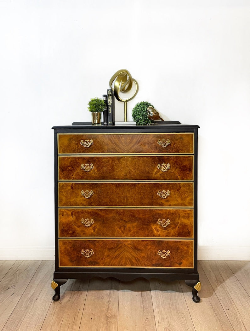Chest of 5 drawers painted in black and gold now - available to commission