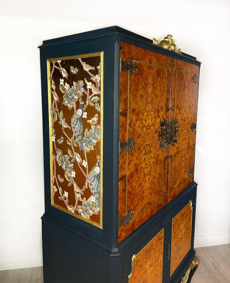 Peacock Queen Anne Drinks Cabinet in Navy Blue and Gold
