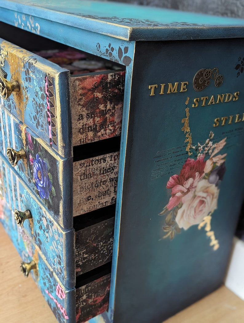 Bohemian maximalist style chests of drawers. Medium size. Eclectic style. Created to order using quality vintage furniture.