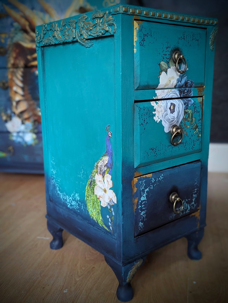Bedside drawer sets, cabinets pair bohemian style, created to order from quality vintage furniture.