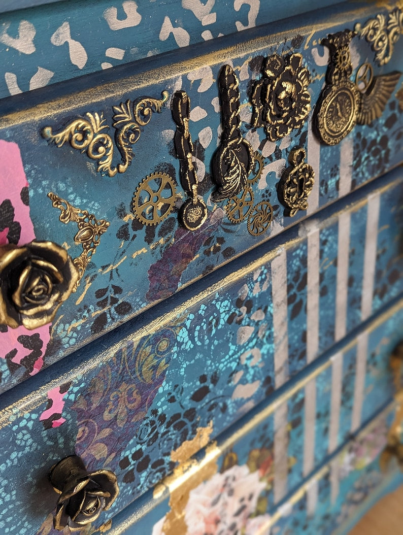 Bohemian maximalist style chests of drawers. Medium size. Eclectic style. Created to order using quality vintage furniture.