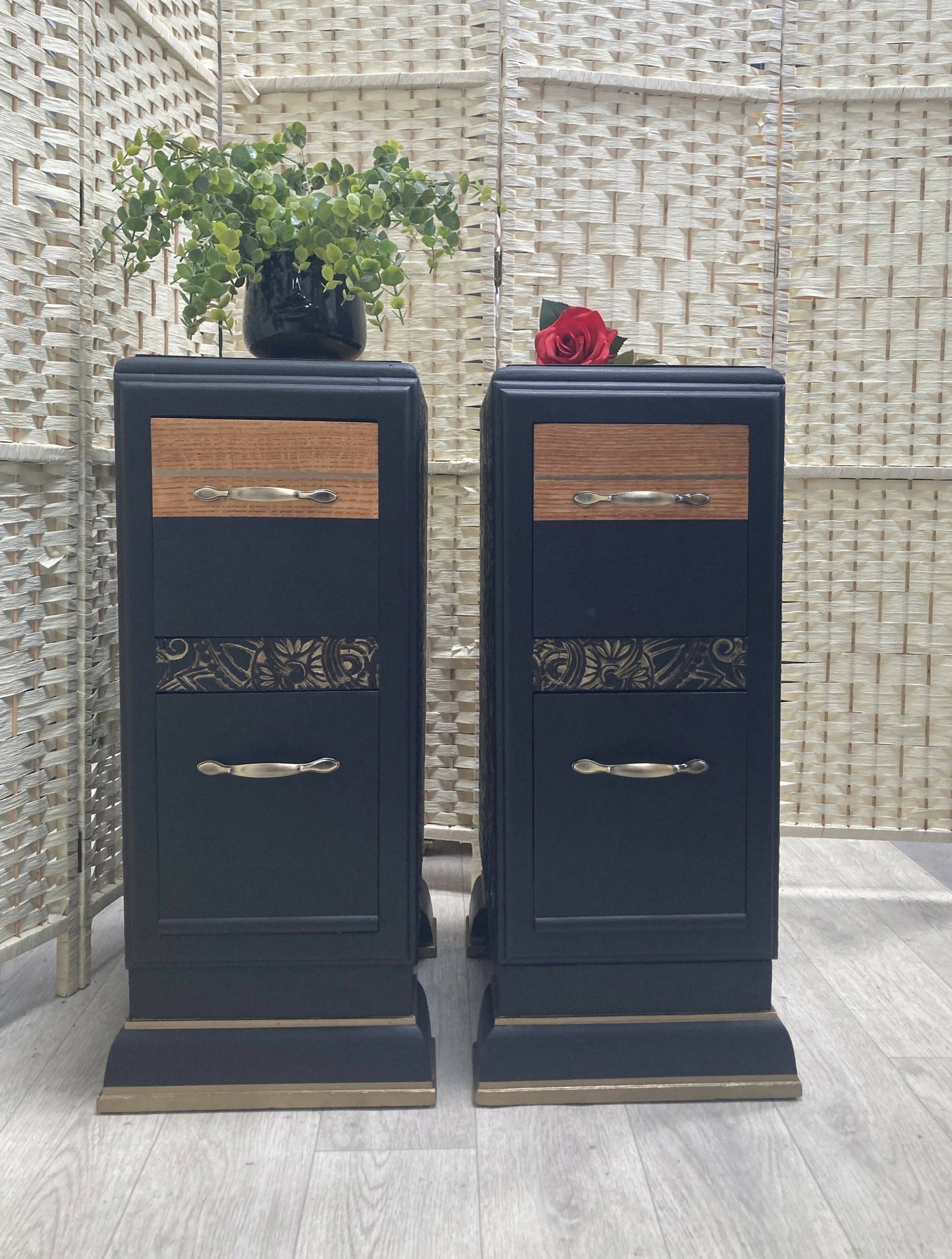 SOLD! Art Deco Vintage Bedside Tables, in Black and Bronze