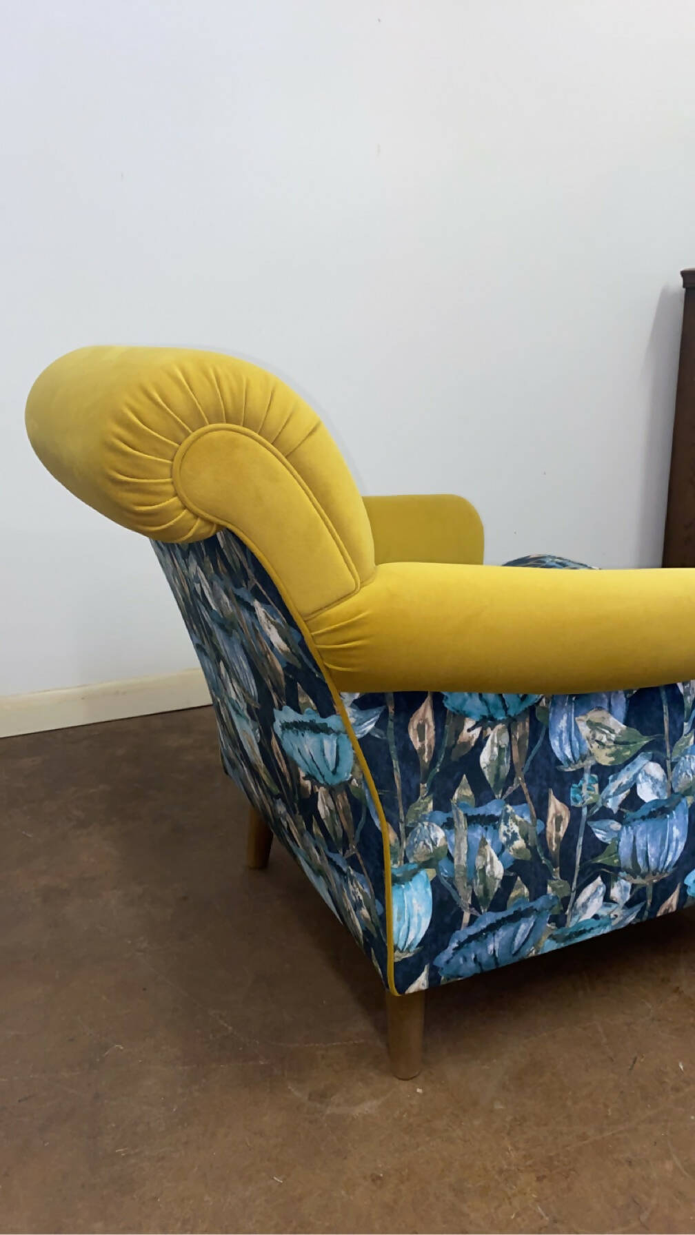 Ochre velvet floral reupholstered Armchair